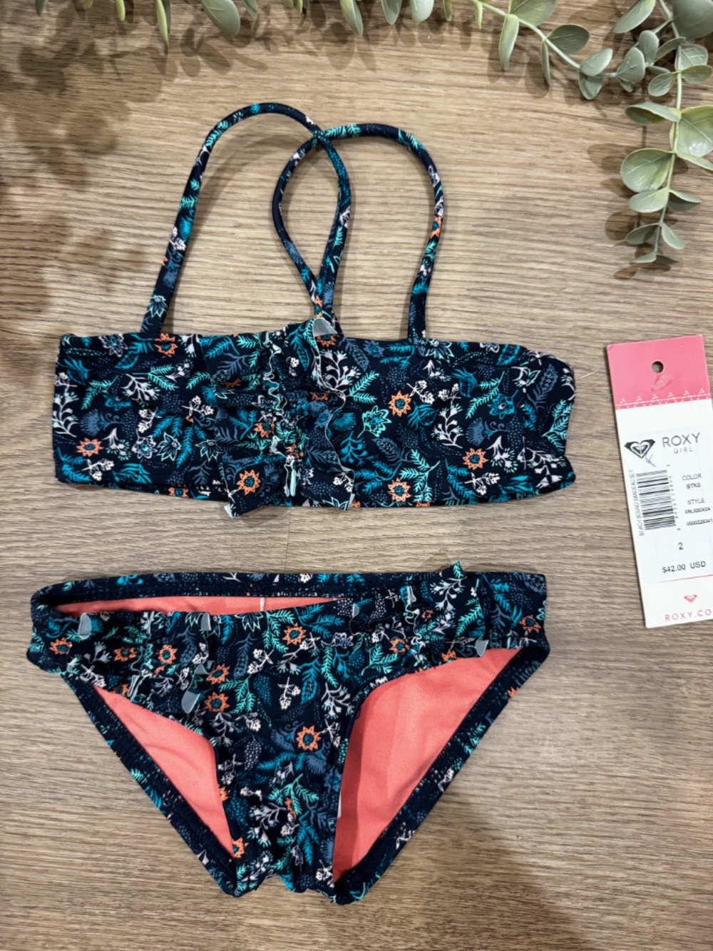 NWT Roxy Girl Beach Bound Bandeau Bikini Set Size 2 Floral